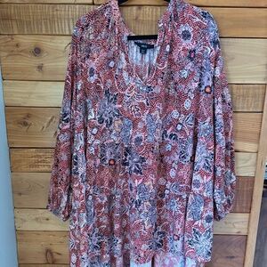 Ellos Sz 3X Womens Long Pink Floral Puff Sleeve Flowy Tunic Top Boho Feminine